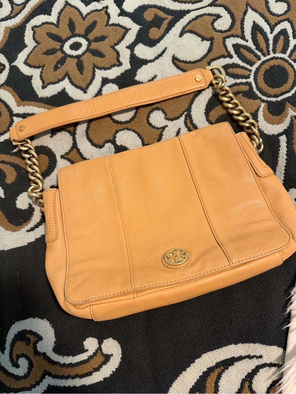 Tory Burch Camel/Tan Pebbled Leather Shoulder Bag with Gold Chain